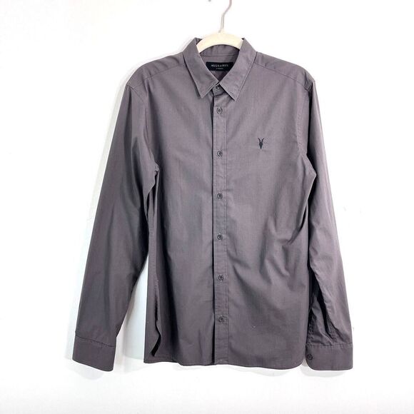 AllSaints Dress Shirt Men Extra Small Grey 100% Cotton Riviera LS Button Down - Picture 1 of 14